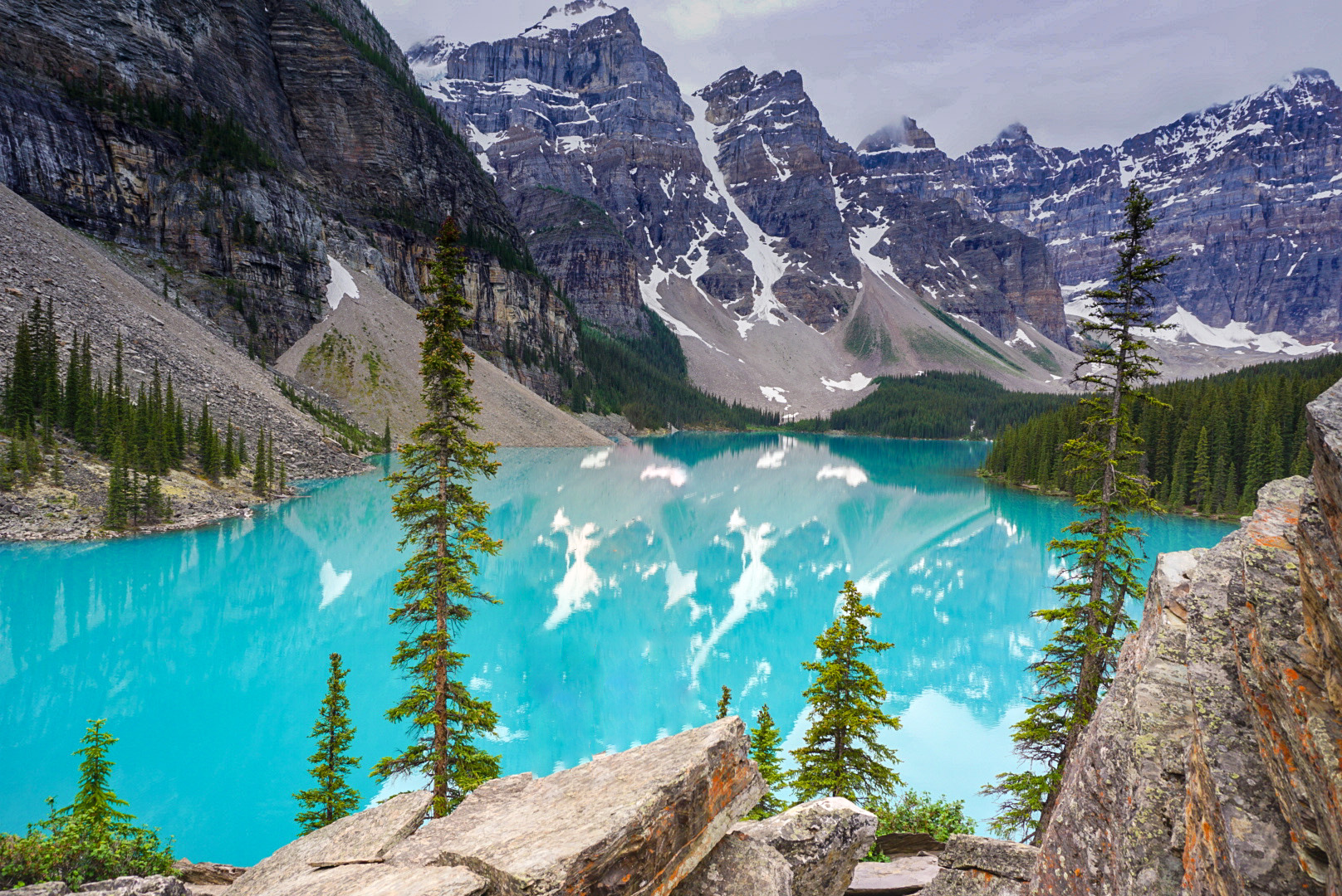Couple overlooking mountain lake